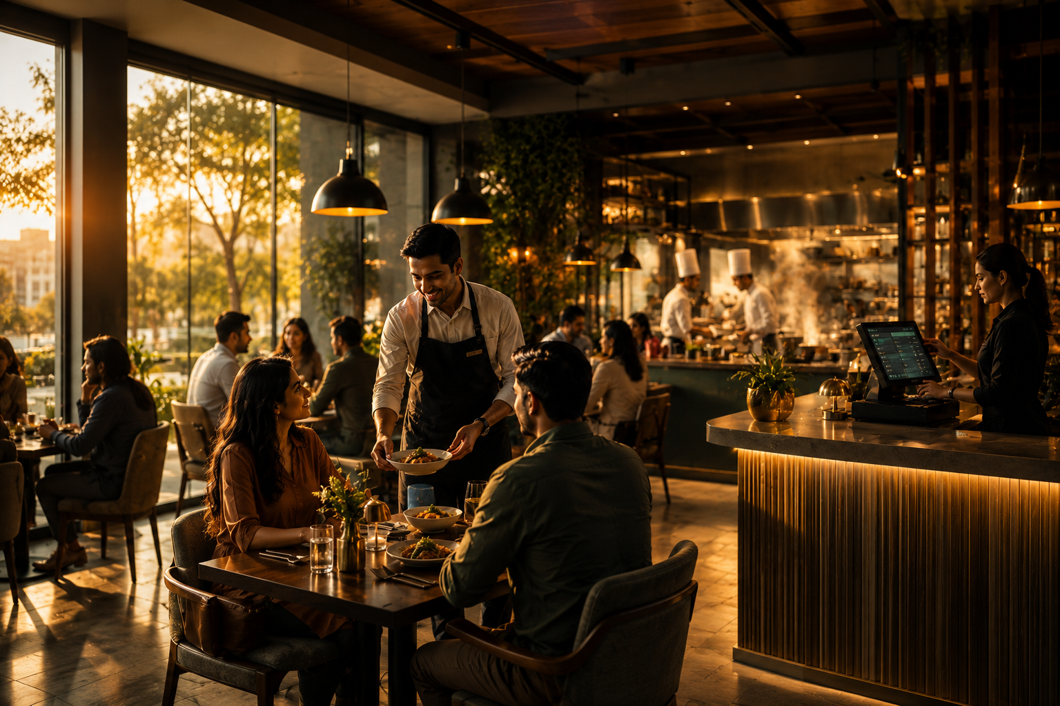 A warm, golden-hour restaurant at service: a waiter presenting a dish to seated guests, an open kitchen with chefs behind, and a glowing billing counter.